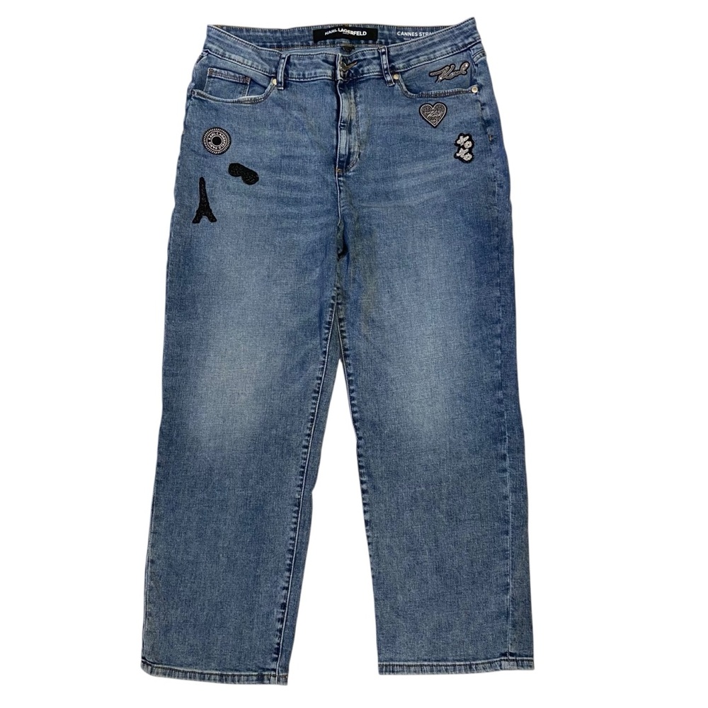 KARL LAGERFELD Cannes Straight Jeans High Rise Rhinestone Patches Blue Size 14
